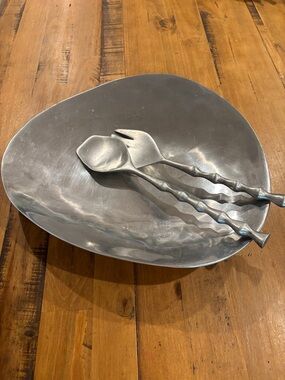 Bali Silver-Tone Hammered Metal Serving Bowl with Twisted Salad Servers